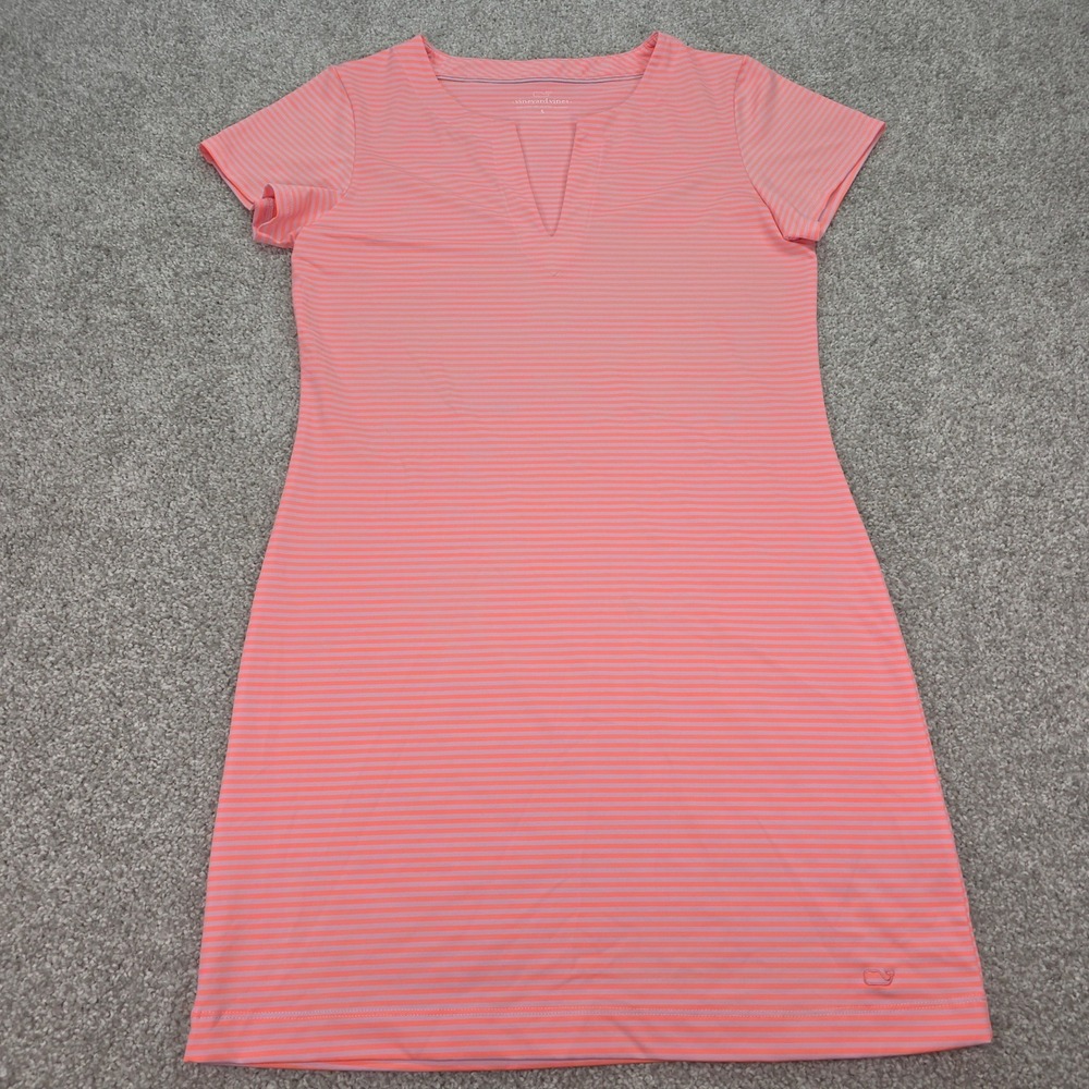 Vineyard Vines Women Pink Striped Performance Split Neck Sheath Dress Small Golf
